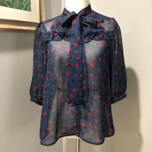 Net Ladies Blue Short Sleeve Ruffle Bow Sheer Red Hearts Blouse Top Shirt Sz 4